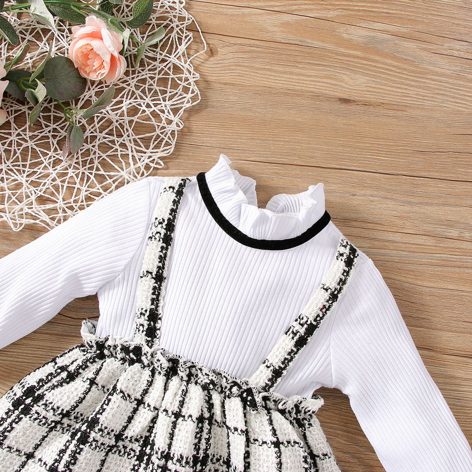 2pcs Baby Ribbed Frilly Collar Long-sleeve Splicing Faux-two Plaid Princess Dress Set White big image 2