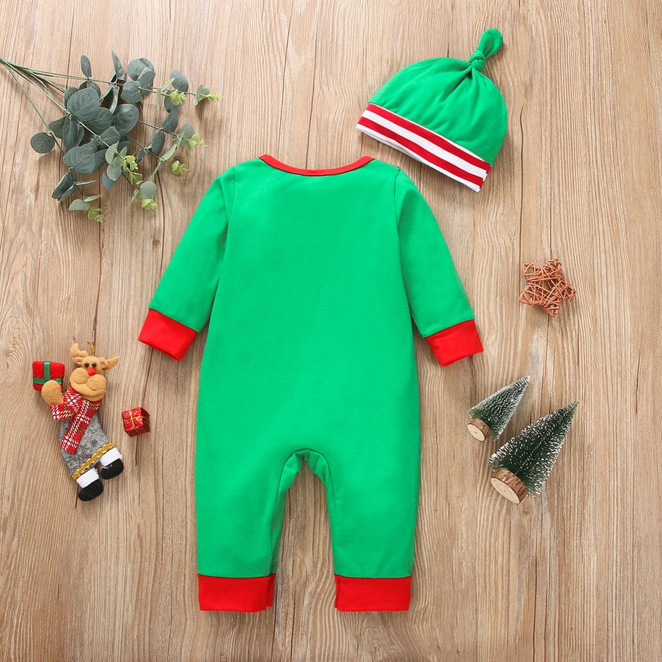 2-piece Baby Girl Christmas Striped Colorblock Long-sleeve Jumpsuit and Knotted Cap Set Green big image 2