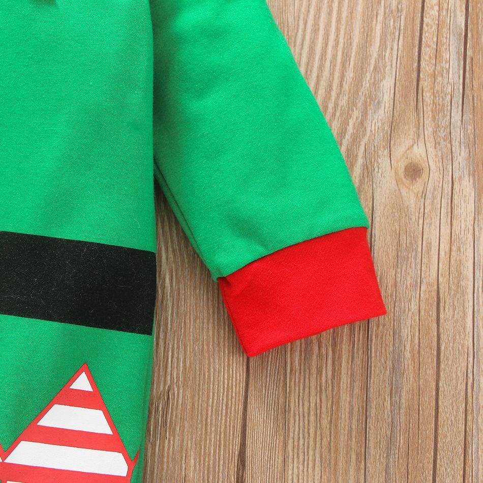 2-piece Baby Girl Christmas Striped Colorblock Long-sleeve Jumpsuit and Knotted Cap Set Green big image 5
