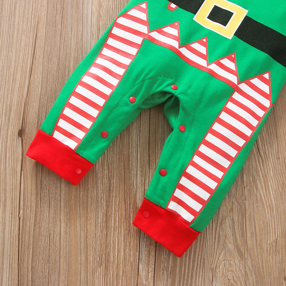 2-piece Baby Girl Christmas Striped Colorblock Long-sleeve Jumpsuit and Knotted Cap Set Green big image 6
