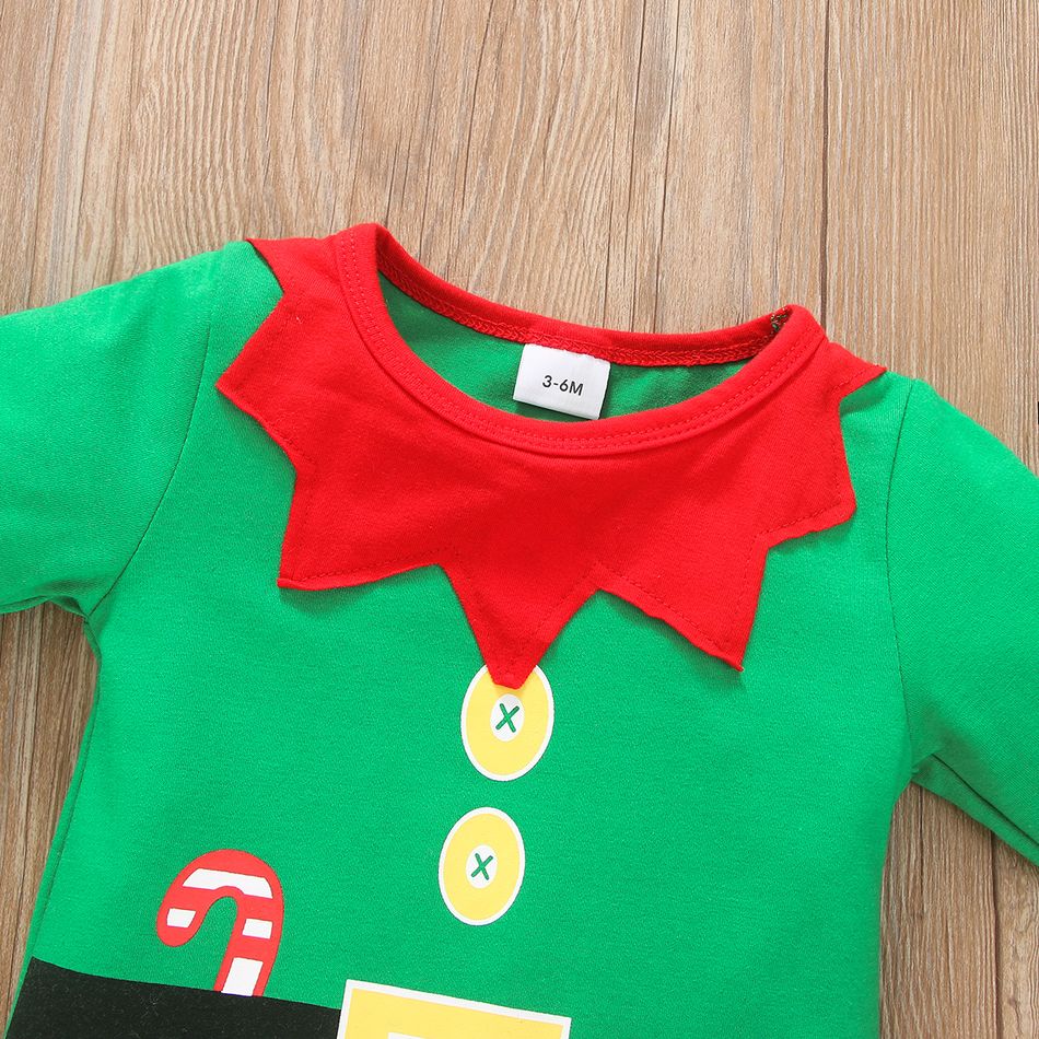 2-piece Baby Girl Christmas Striped Colorblock Long-sleeve Jumpsuit and Knotted Cap Set Green big image 3