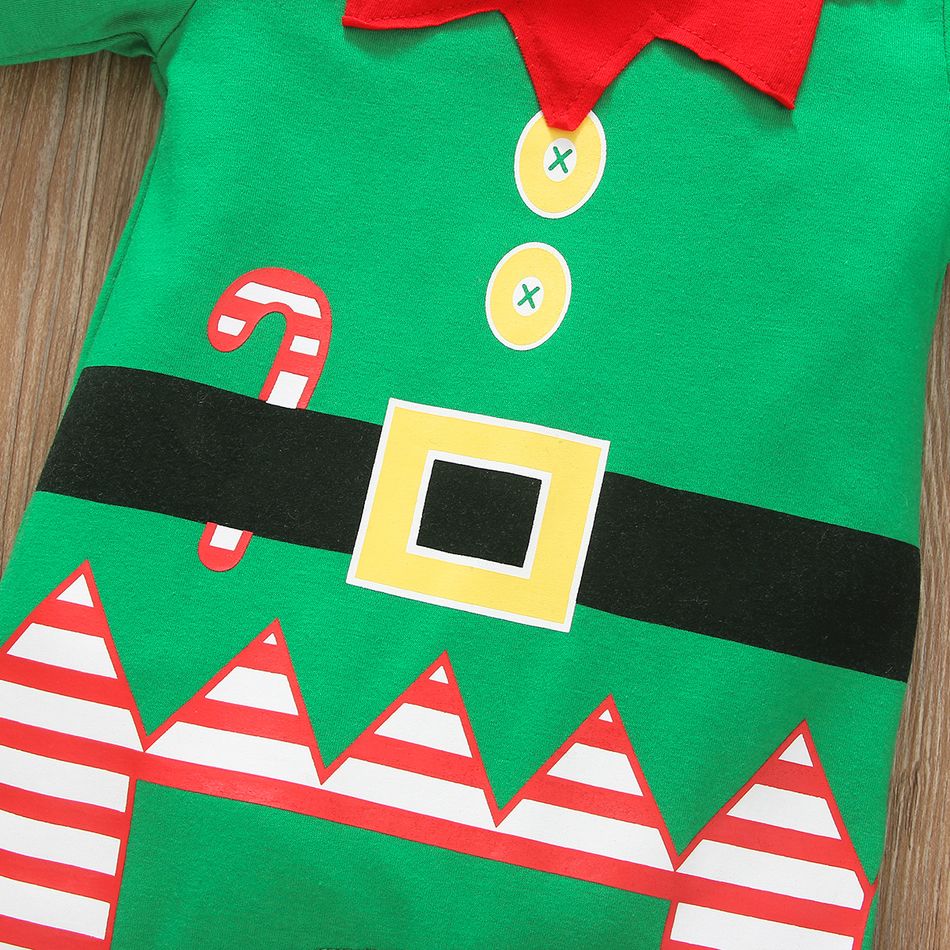 2-piece Baby Girl Christmas Striped Colorblock Long-sleeve Jumpsuit and Knotted Cap Set Green big image 4