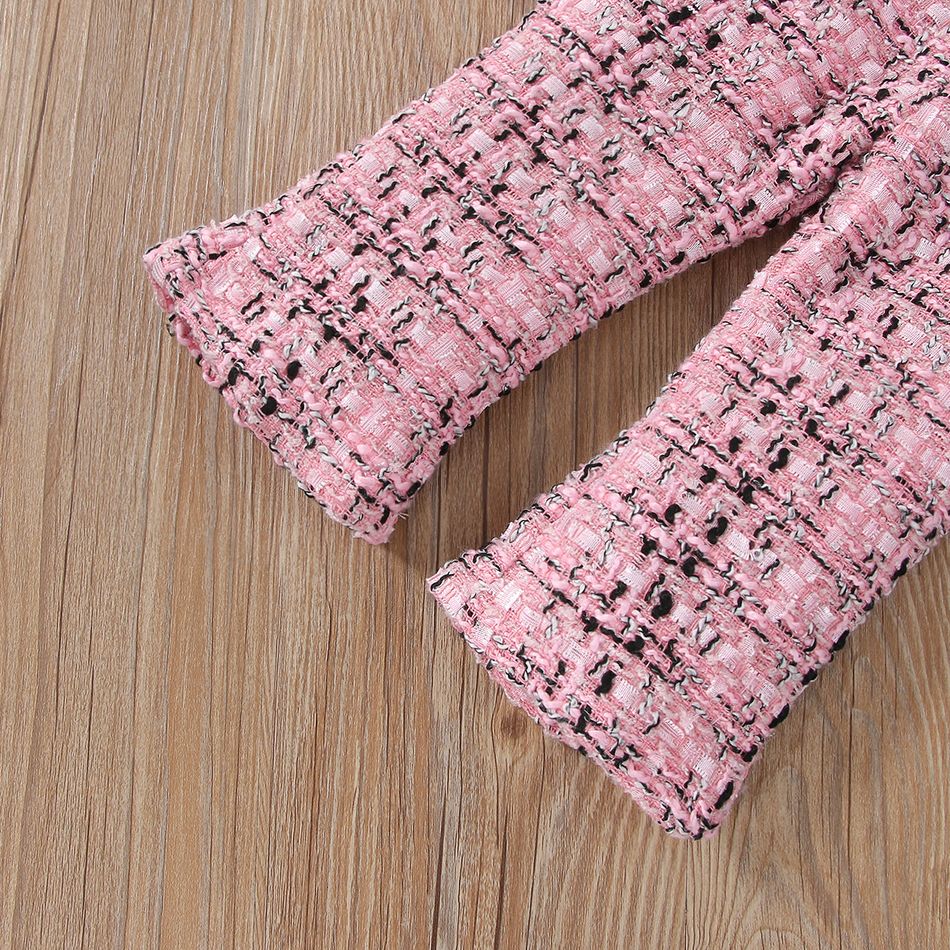 2pcs Baby Pink Tweed Plaid Long-sleeve Bowknot Top and Trousers Set Pink big image 3