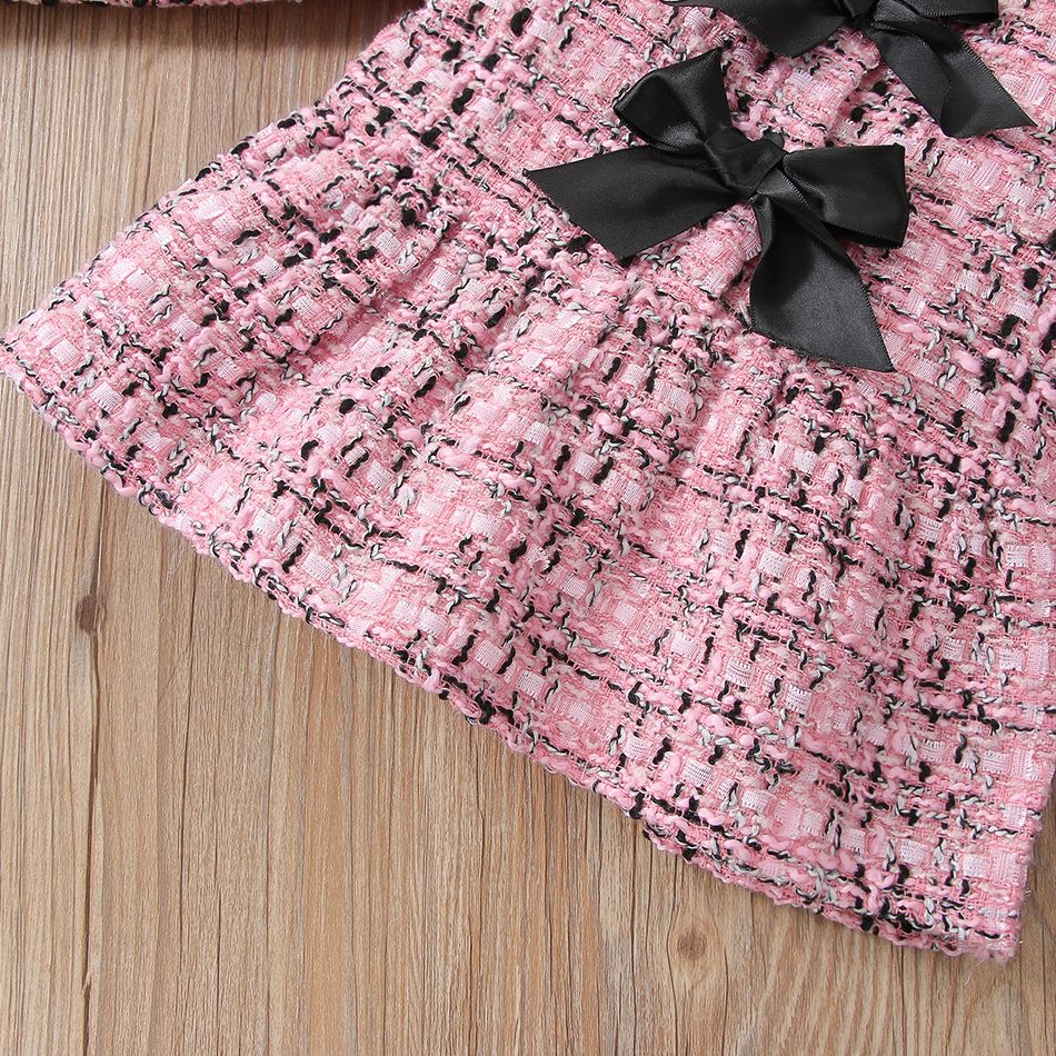 2pcs Baby Pink Tweed Plaid Long-sleeve Bowknot Top and Trousers Set Pink big image 6
