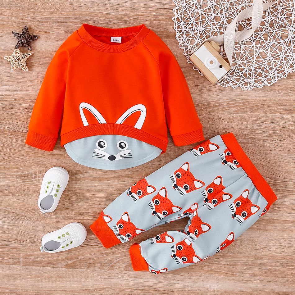 2pcs Baby Cartoon Fox Print Orange Long-sleeve Faux-two Sweatshirt and Trousers Set Orange