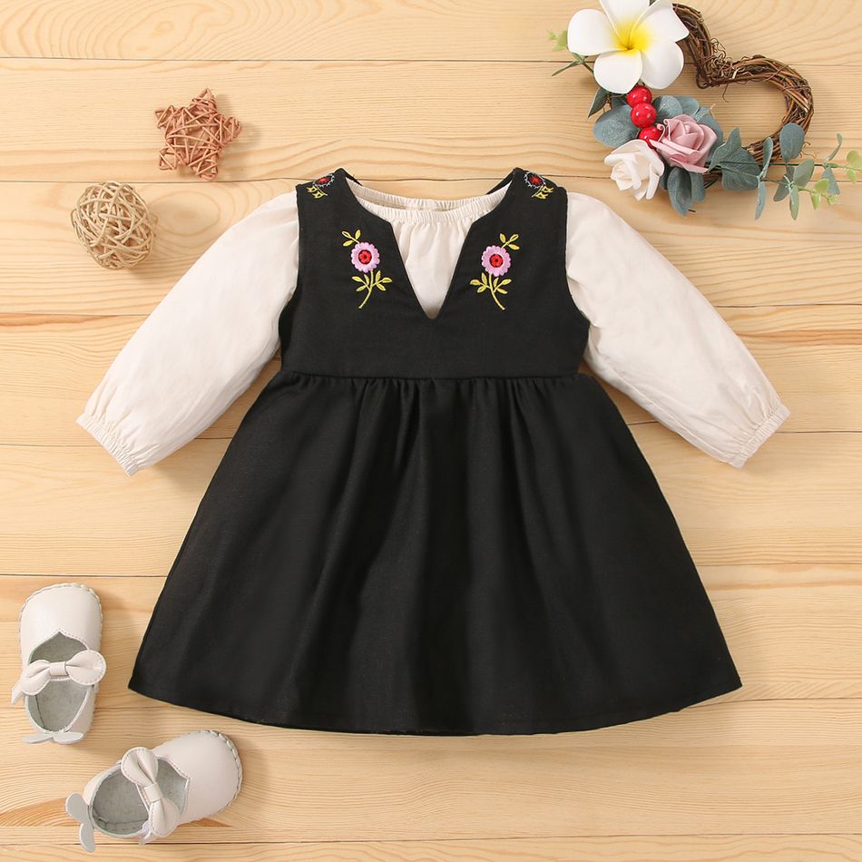 2pcs Baby Girl Solid Long-sleeve Romper and Floral Embroidered Sleeveless Dress Set Black
