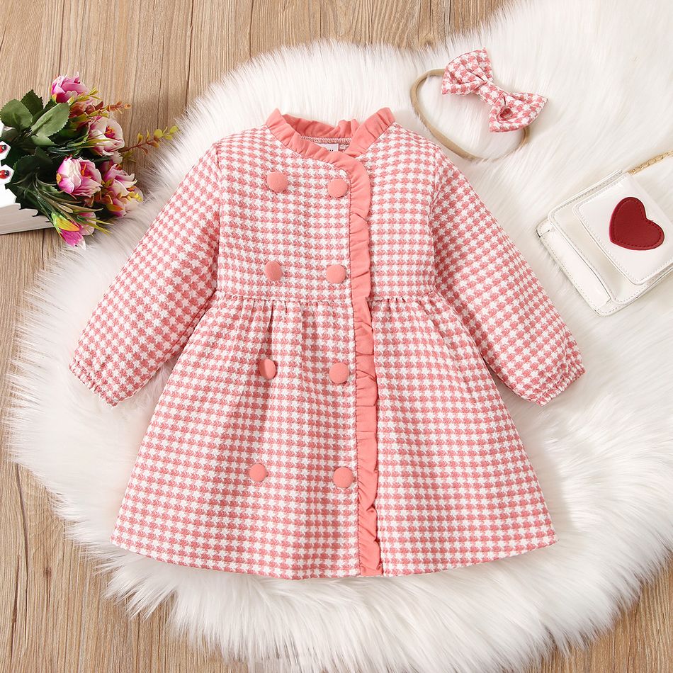 2pcs Baby Girl Pink Houndstooth Long-sleeve Double Breasted Ruffle Dress Set Pink