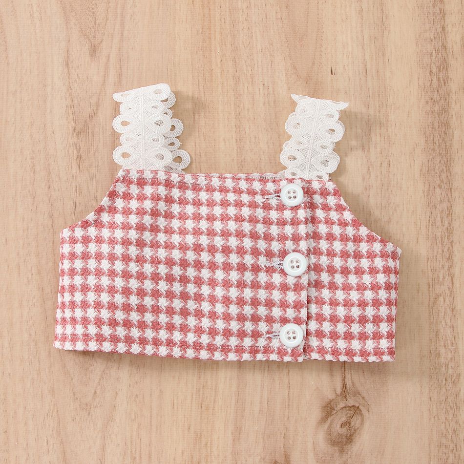 2pcs Baby Girl Pink Houndstooth Tweed Cami Crop Top and Tie Front Shorts Set Pink big image 3
