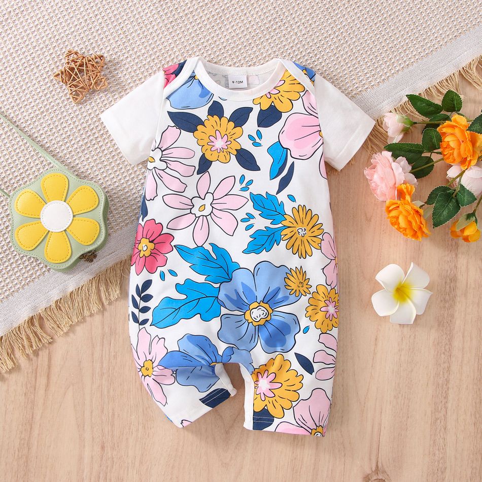 Baby Girl Allover Floral Print Short-sleeve Romper White