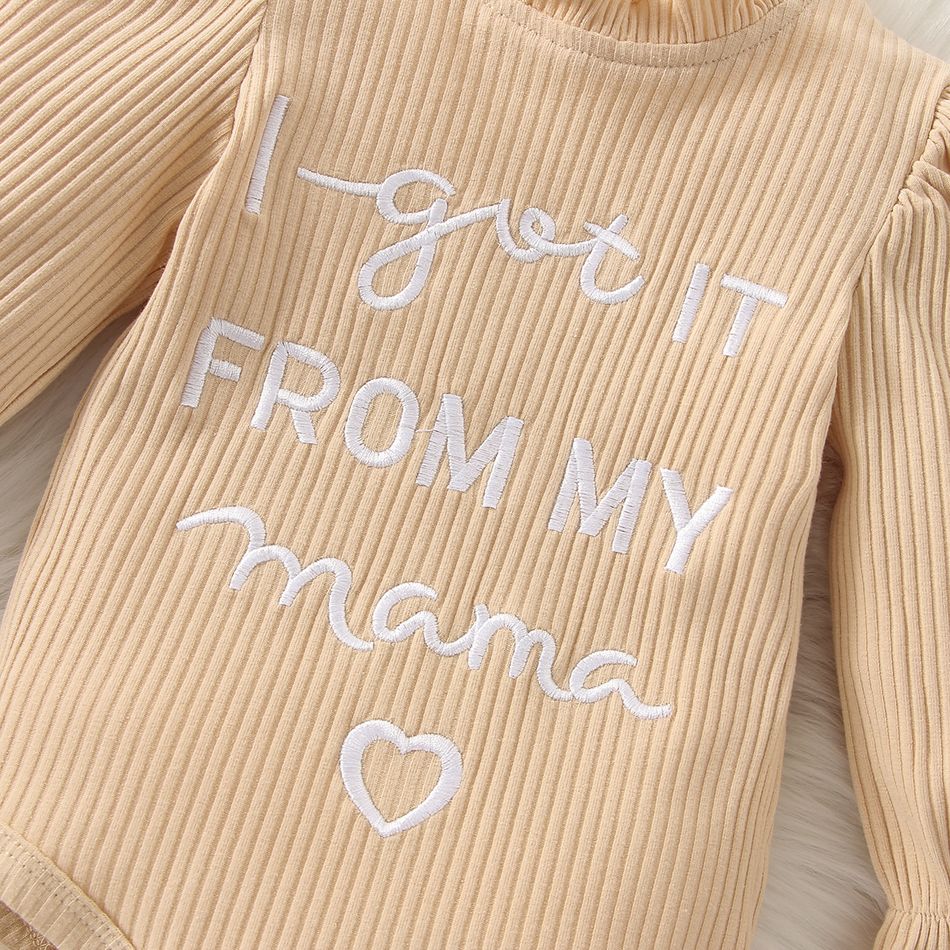 2pcs Baby Girl Letter Embroidered Rib Knit Frill Mock Neck Long-sleeve Romper and Plaid Flared Pants Set OffWhite big image 4