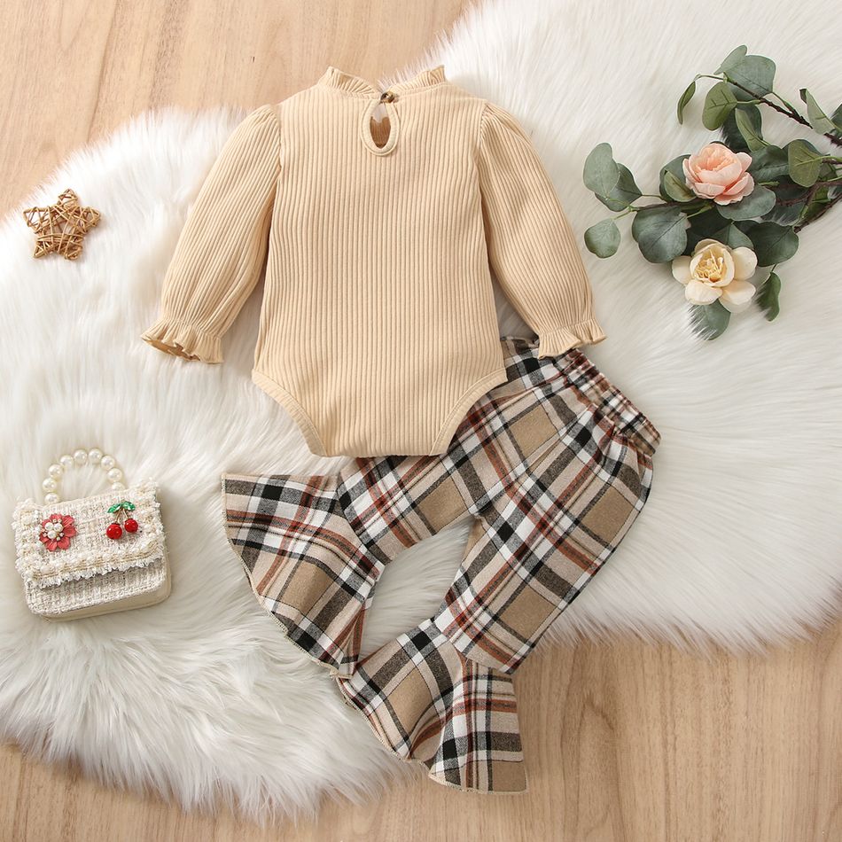 2pcs Baby Girl Letter Embroidered Rib Knit Frill Mock Neck Long-sleeve Romper and Plaid Flared Pants Set OffWhite big image 2