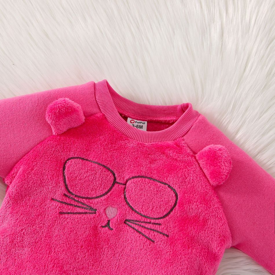 2pcs Baby Boy Animal Embroidered Thickened Fuzzy Long-sleeve Pullover and Allover Print Pants Set Hot Pink big image 3