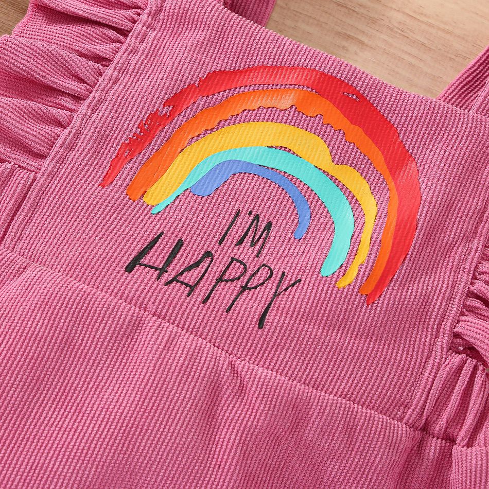 2pcs Baby Girl 95% Cotton Long-sleeve Romper and Rainbow & Letter Print Corduroy Ruffle Overall Dress Set Pink big image 7