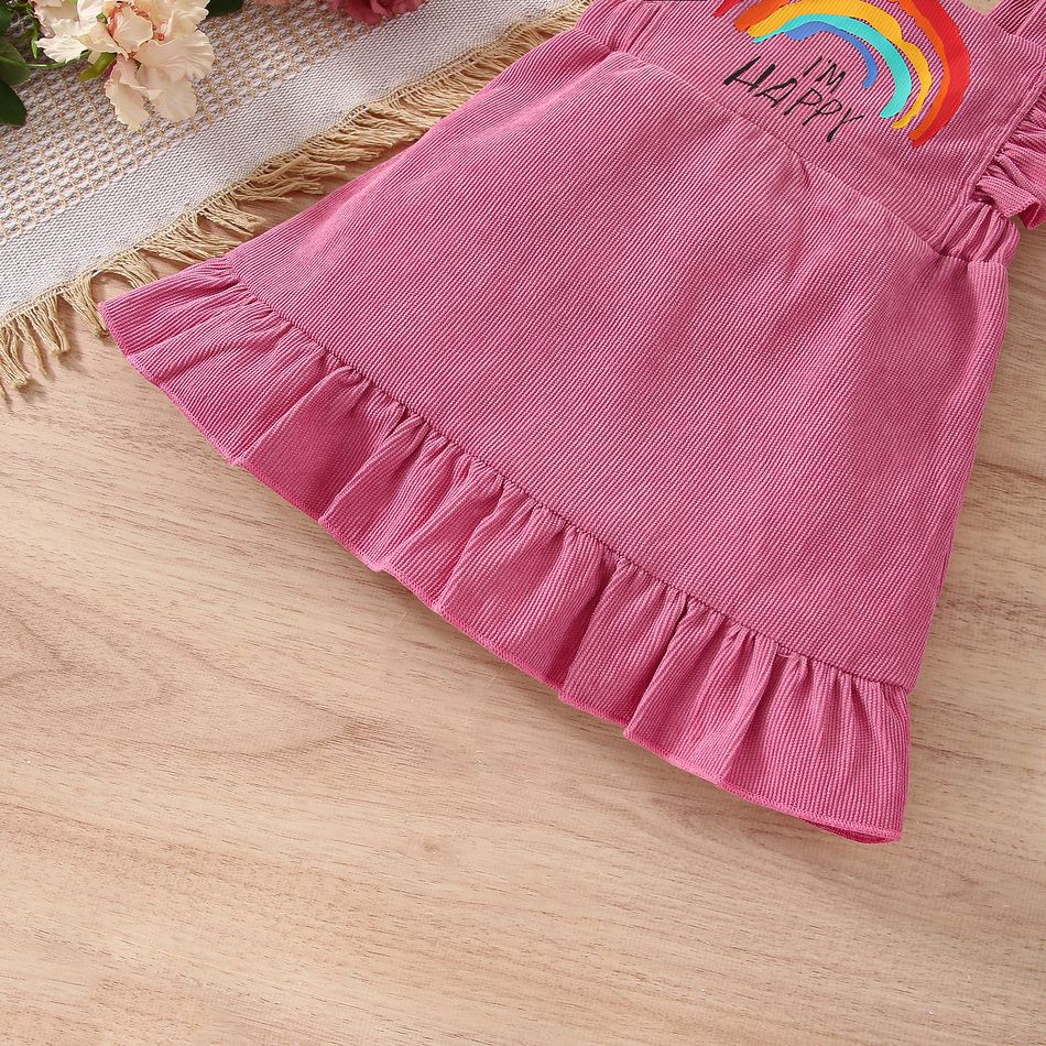 2pcs Baby Girl 95% Cotton Long-sleeve Romper and Rainbow & Letter Print Corduroy Ruffle Overall Dress Set Pink