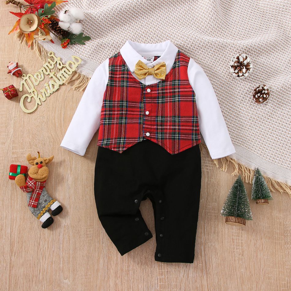 Christmas Baby Boy 95% Cotton Gentleman Bow Tie Red Plaid Long-sleeve Faux-two Jumpsuit Party Outfits Red big image 1