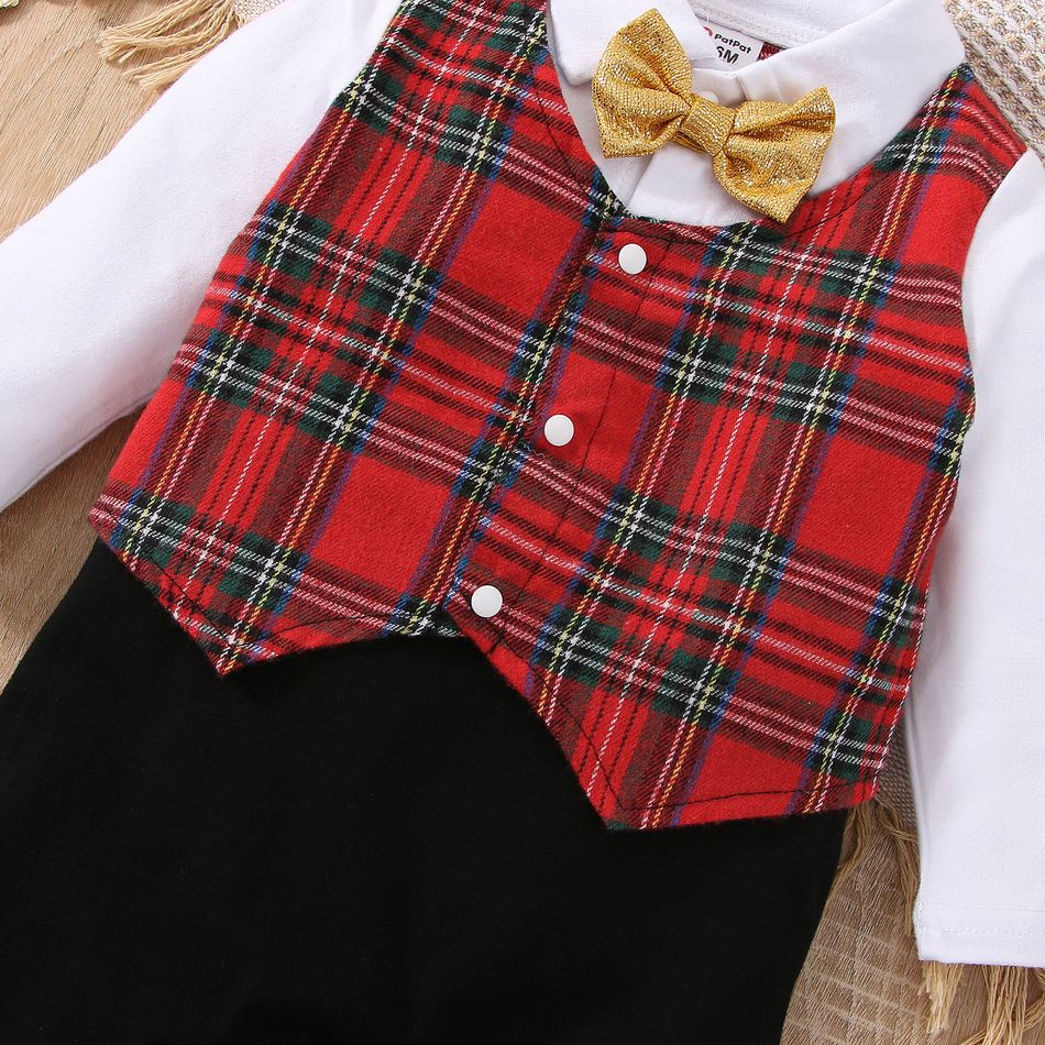 Christmas Baby Boy 95% Cotton Gentleman Bow Tie Red Plaid Long-sleeve Faux-two Jumpsuit Party Outfits Red big image 4