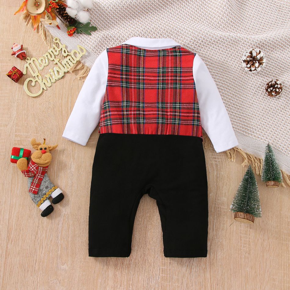Christmas Baby Boy 95% Cotton Gentleman Bow Tie Red Plaid Long-sleeve Faux-two Jumpsuit Party Outfits Red big image 2