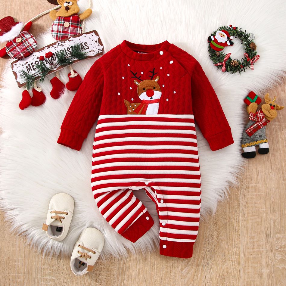 Christmas Baby Boy/Girl Reindeer Embroidered Red Quilted Long-sleeve Spliced Striped Jumpsuit Red big image 1