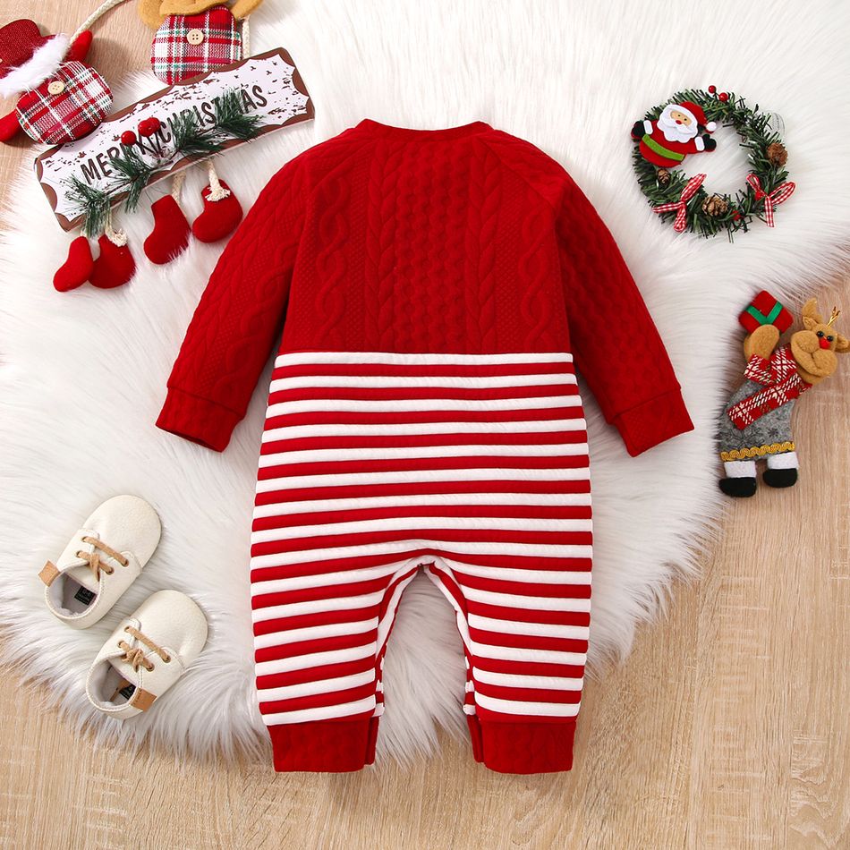 Christmas Baby Boy/Girl Reindeer Embroidered Red Quilted Long-sleeve Spliced Striped Jumpsuit Red big image 2