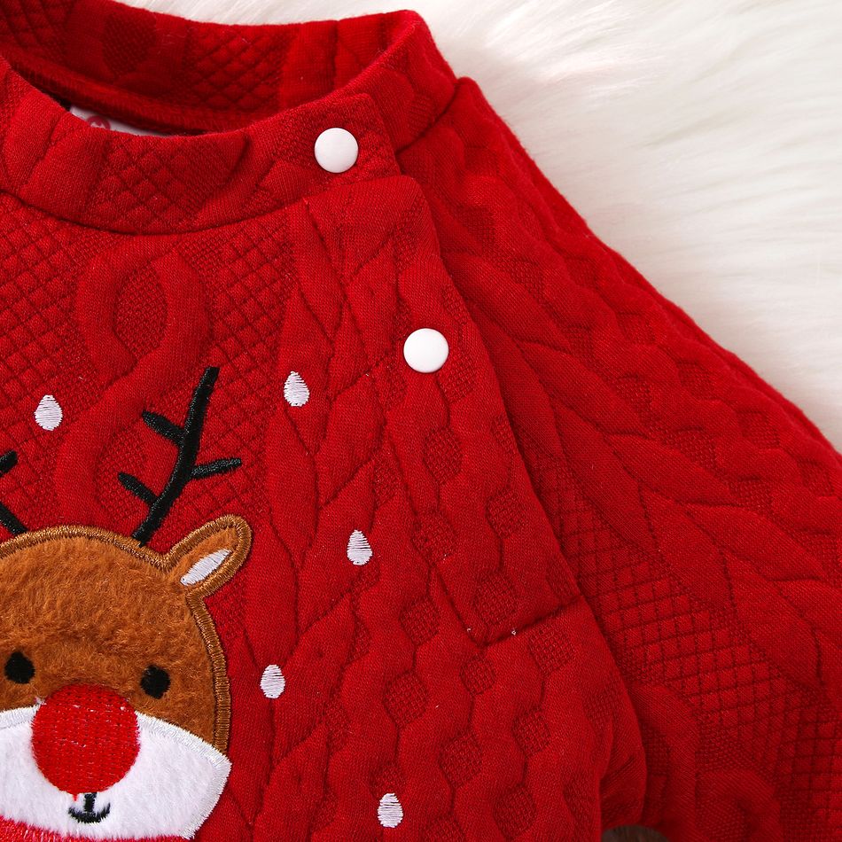 Christmas Baby Boy/Girl Reindeer Embroidered Red Quilted Long-sleeve Spliced Striped Jumpsuit Red big image 3