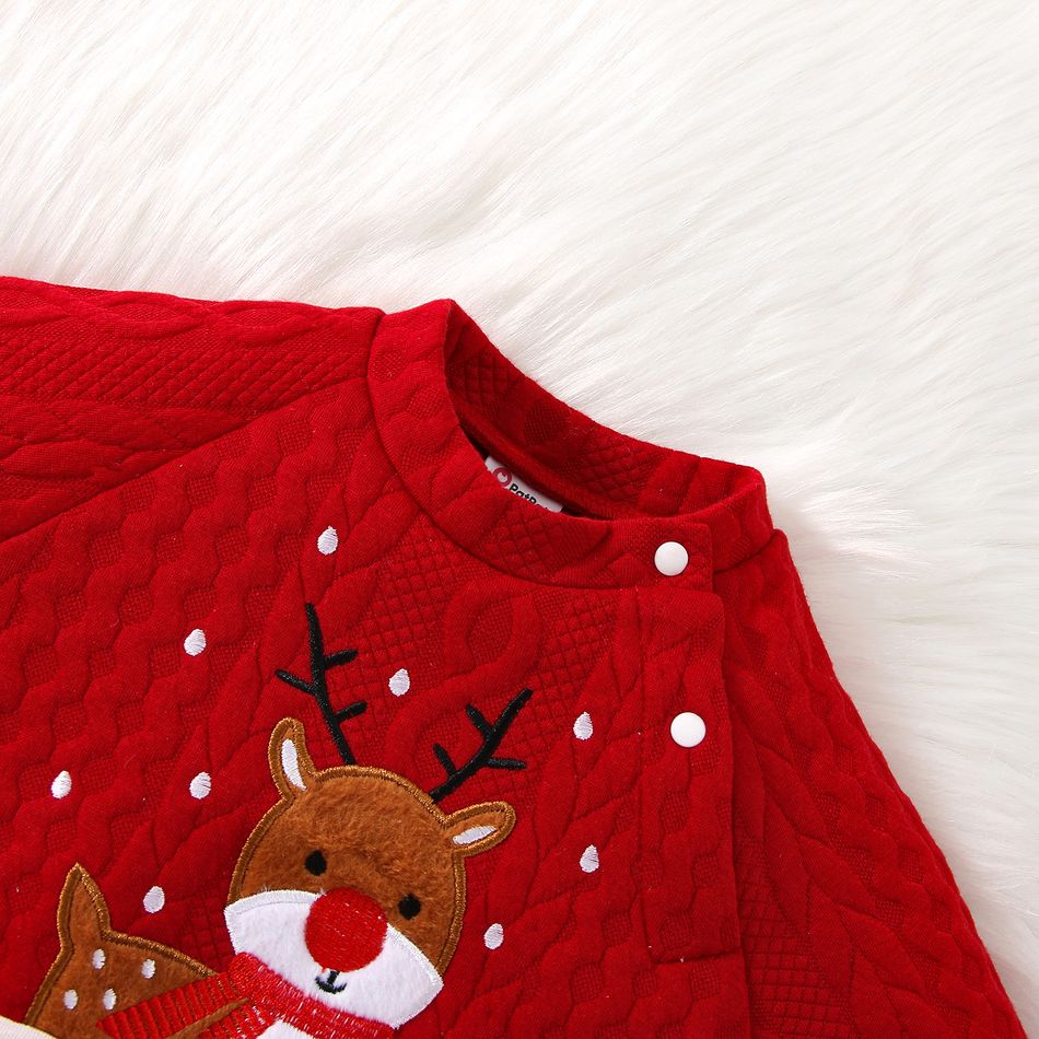 Christmas Baby Boy/Girl Reindeer Embroidered Red Quilted Long-sleeve Spliced Striped Jumpsuit Red big image 4