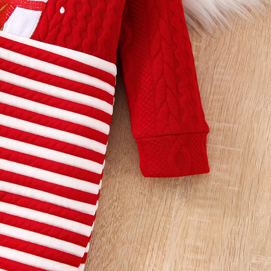 Christmas Baby Boy/Girl Reindeer Embroidered Red Quilted Long-sleeve Spliced Striped Jumpsuit Red big image 6