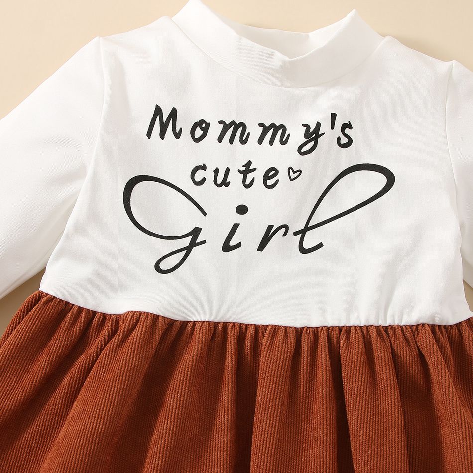 2pcs Baby Girl Letter Print Mock Neck Long-sleeve Spliced Dress and Corduroy Jacket Set Brown big image 5