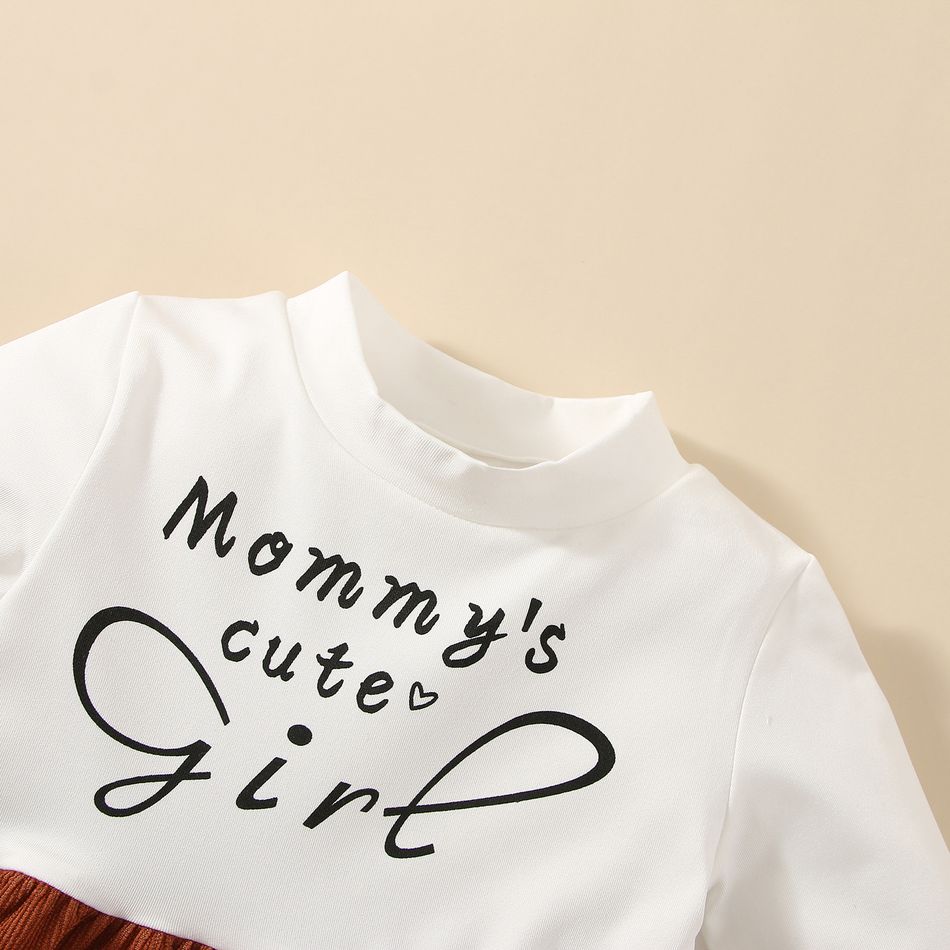 2pcs Baby Girl Letter Print Mock Neck Long-sleeve Spliced Dress and Corduroy Jacket Set Brown big image 4
