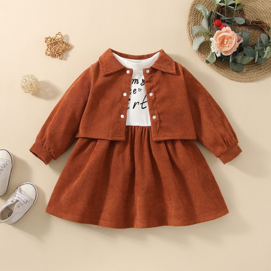 2pcs Baby Girl Letter Print Mock Neck Long-sleeve Spliced Dress and Corduroy Jacket Set Brown big image 2