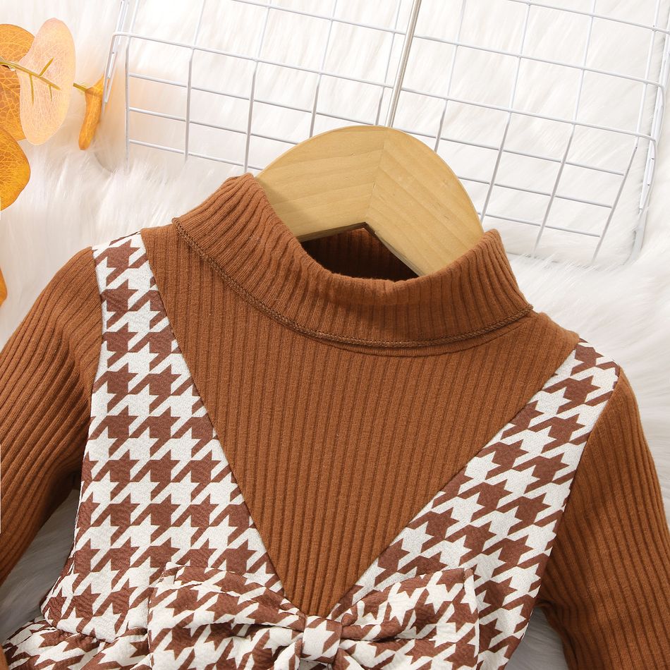 Baby Girl Brown Ribbed & Houndstooth Spliced Faux-two Bow Front Mock Neck Long-sleeve Dress Brown big image 3