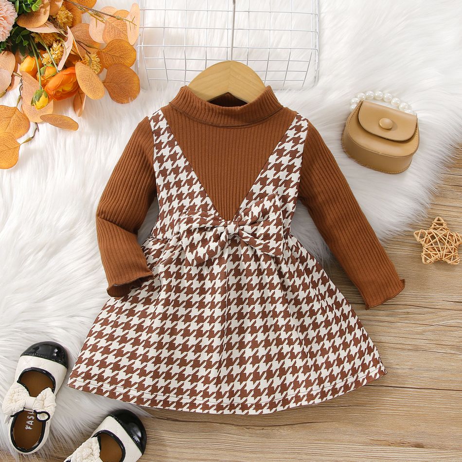 Baby Girl Brown Ribbed & Houndstooth Spliced Faux-two Bow Front Mock Neck Long-sleeve Dress Brown