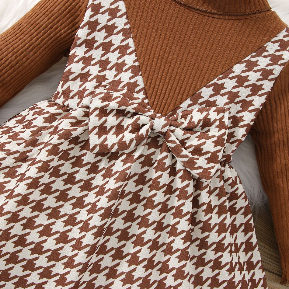 Baby Girl Brown Ribbed & Houndstooth Spliced Faux-two Bow Front Mock Neck Long-sleeve Dress Brown big image 4