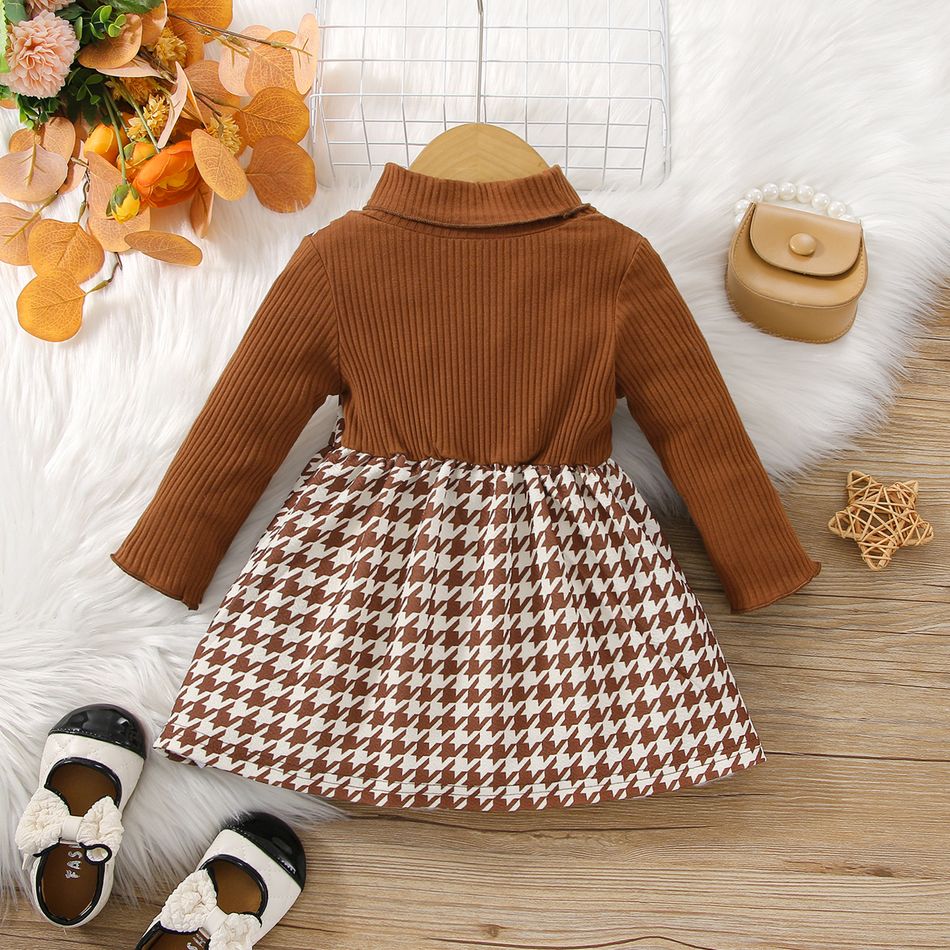 Baby Girl Brown Ribbed & Houndstooth Spliced Faux-two Bow Front Mock Neck Long-sleeve Dress Brown big image 2