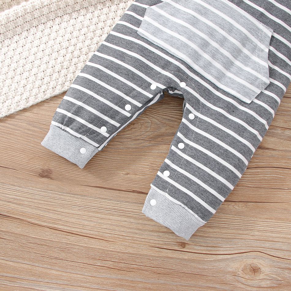 Baby Boy/Girl Grey Striped Hooded Long-sleeve Spliced Jumpsuit Grey big image 6