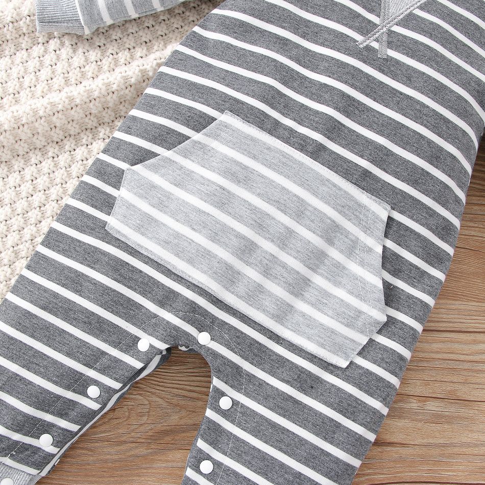 Baby Boy/Girl Grey Striped Hooded Long-sleeve Spliced Jumpsuit Grey big image 5