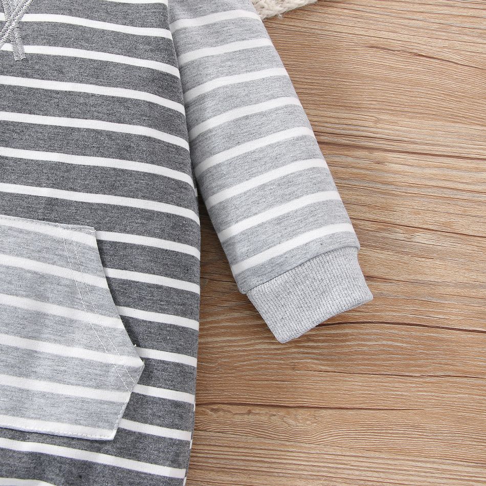 Baby Boy/Girl Grey Striped Hooded Long-sleeve Spliced Jumpsuit Grey big image 4