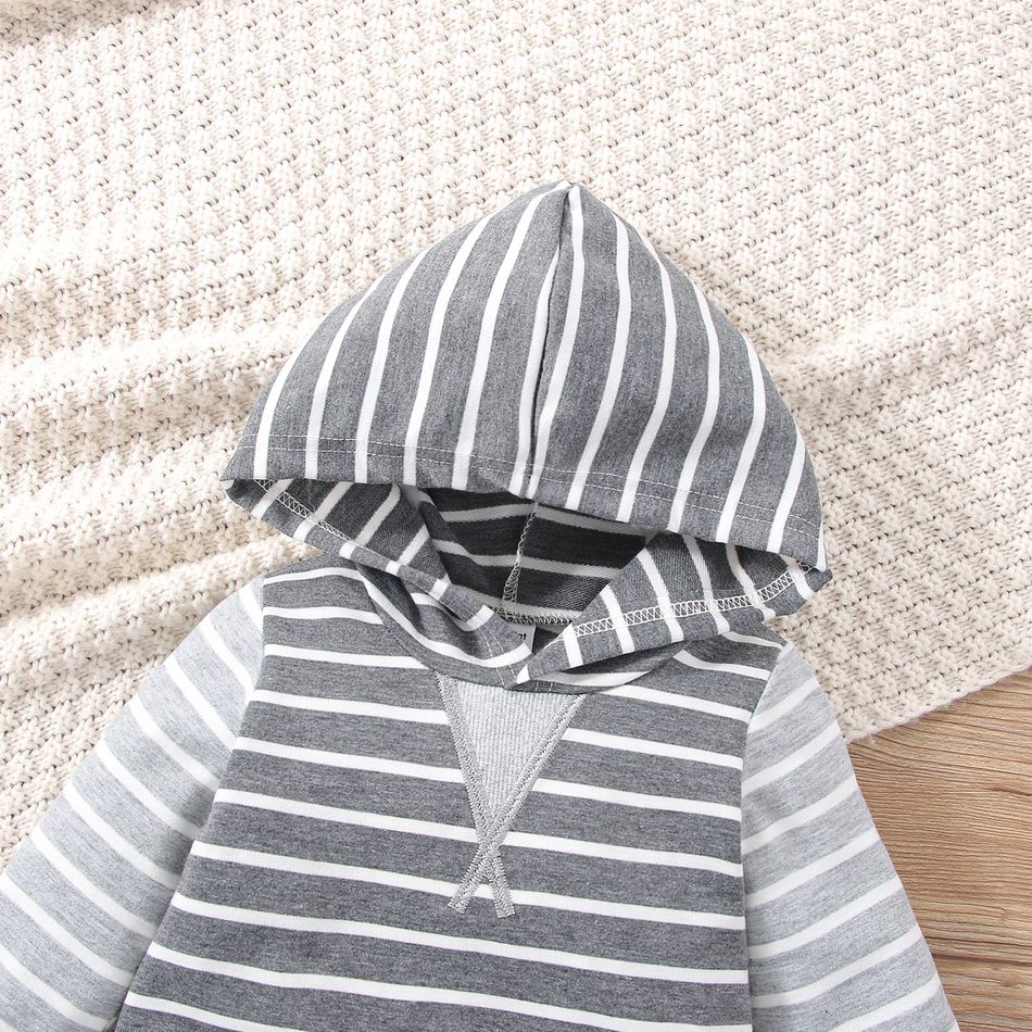 Baby Boy/Girl Grey Striped Hooded Long-sleeve Spliced Jumpsuit Grey big image 3