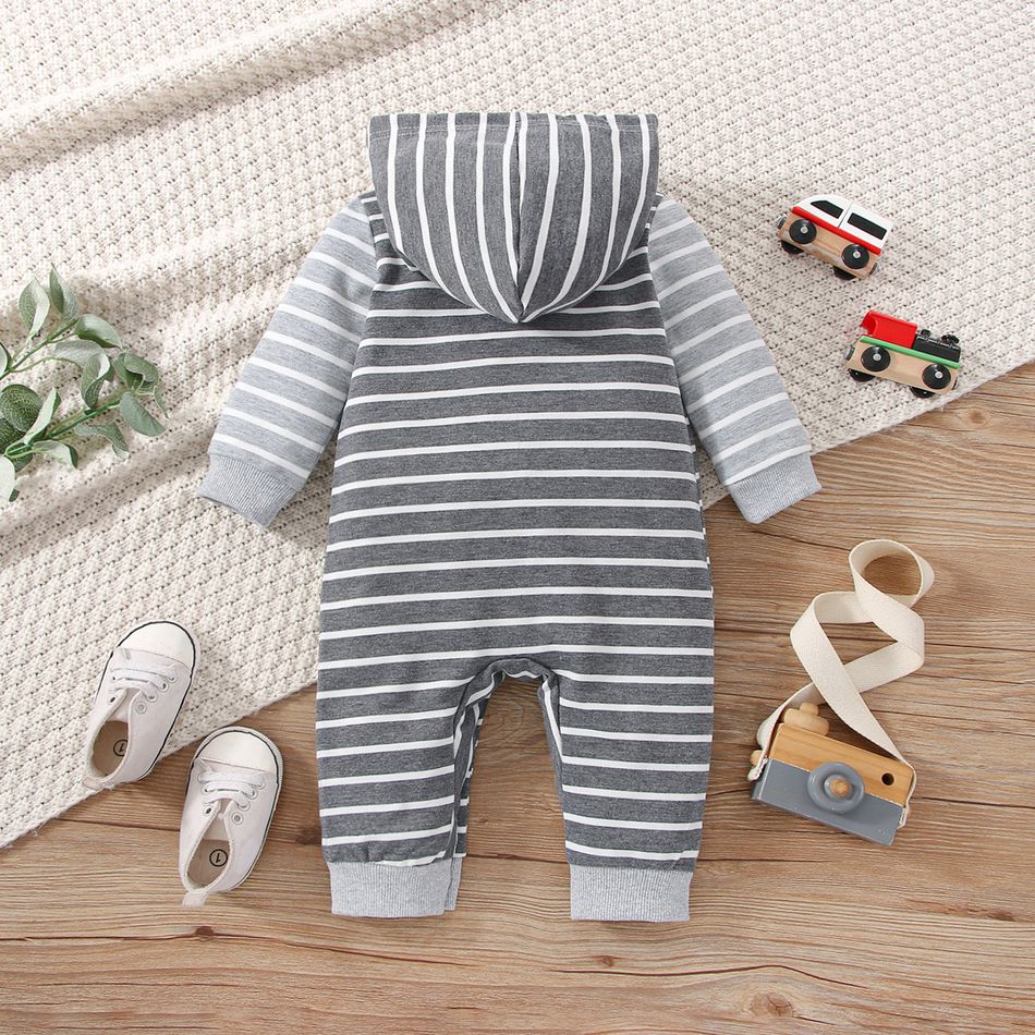 Baby Boy/Girl Grey Striped Hooded Long-sleeve Spliced Jumpsuit Grey big image 2