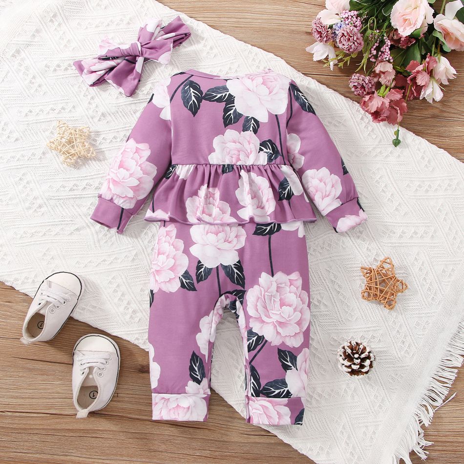 2pcs Baby Girl Allover Floral Print Ruffle Trim Long-sleeve Jumpsuit & Headband Set Purple big image 2
