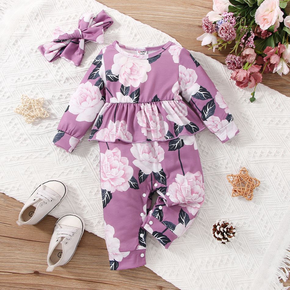 2pcs Baby Girl Allover Floral Print Ruffle Trim Long-sleeve Jumpsuit & Headband Set Purple big image 1