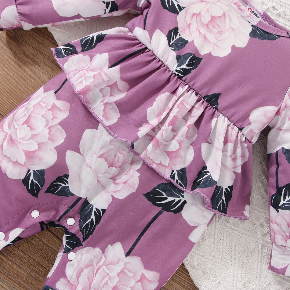 2pcs Baby Girl Allover Floral Print Ruffle Trim Long-sleeve Jumpsuit & Headband Set Purple big image 4