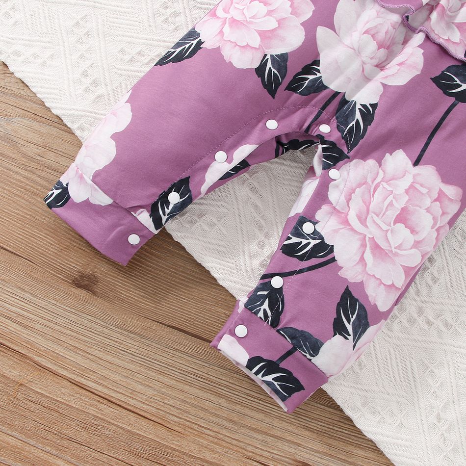 2pcs Baby Girl Allover Floral Print Ruffle Trim Long-sleeve Jumpsuit & Headband Set Purple big image 6