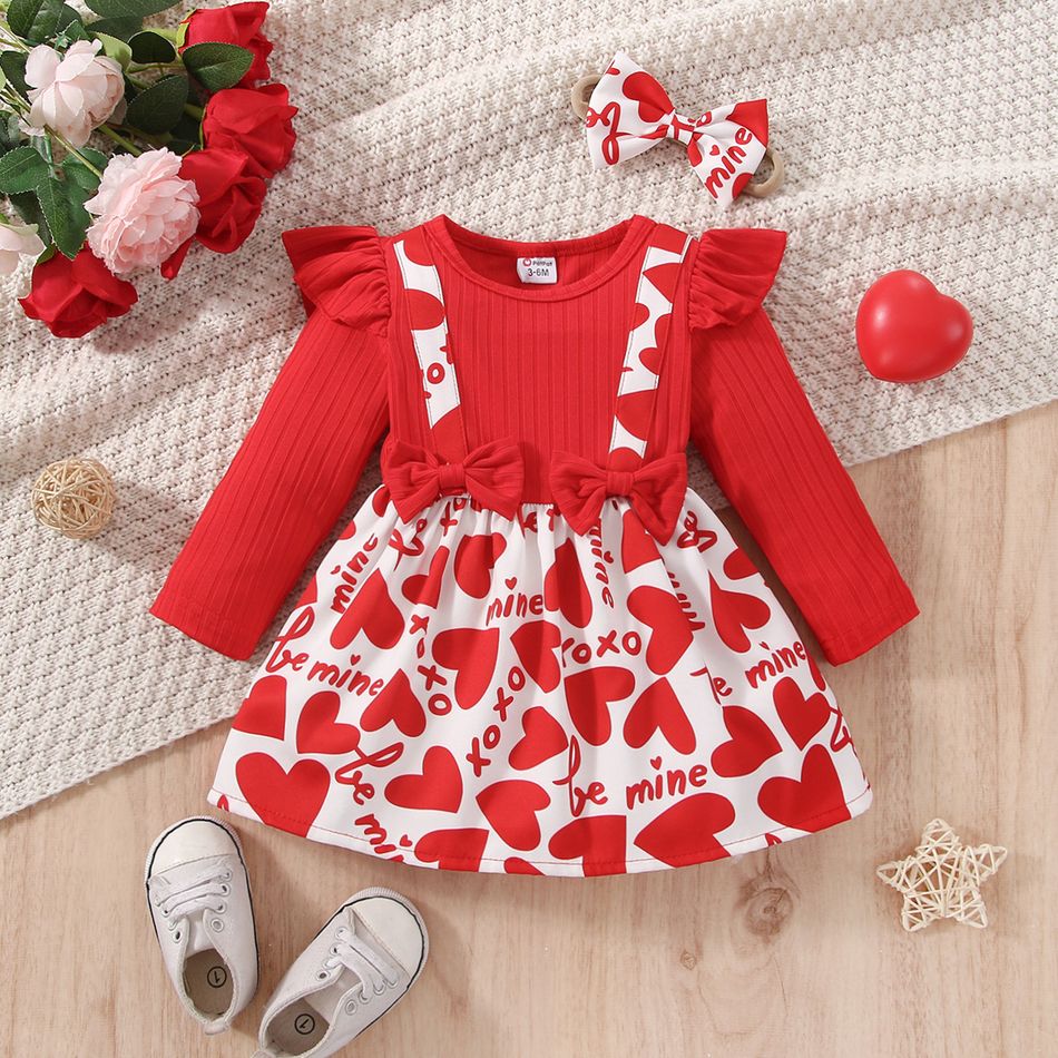 Valentine's Day 2pcs Baby Girl Red Ribbed Ruffle Long-sleeve Spliced Heart & Letter Print Dress with Headband Set Red big image 1