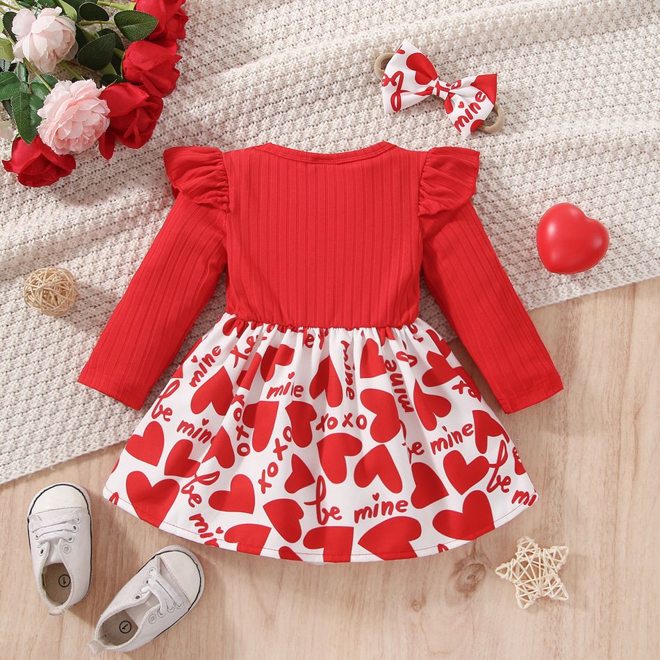 Valentine's Day 2pcs Baby Girl Red Ribbed Ruffle Long-sleeve Spliced Heart & Letter Print Dress with Headband Set Red big image 2