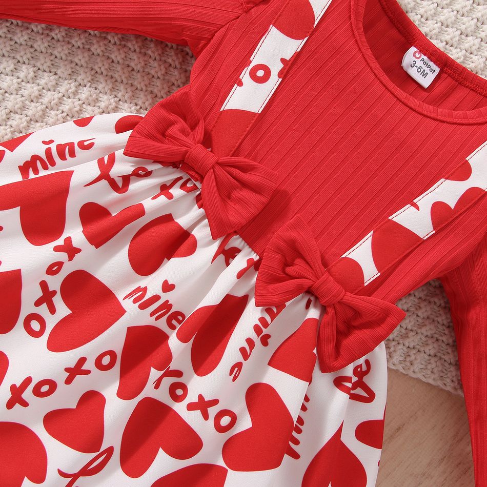 Valentine's Day 2pcs Baby Girl Red Ribbed Ruffle Long-sleeve Spliced Heart & Letter Print Dress with Headband Set Red big image 5