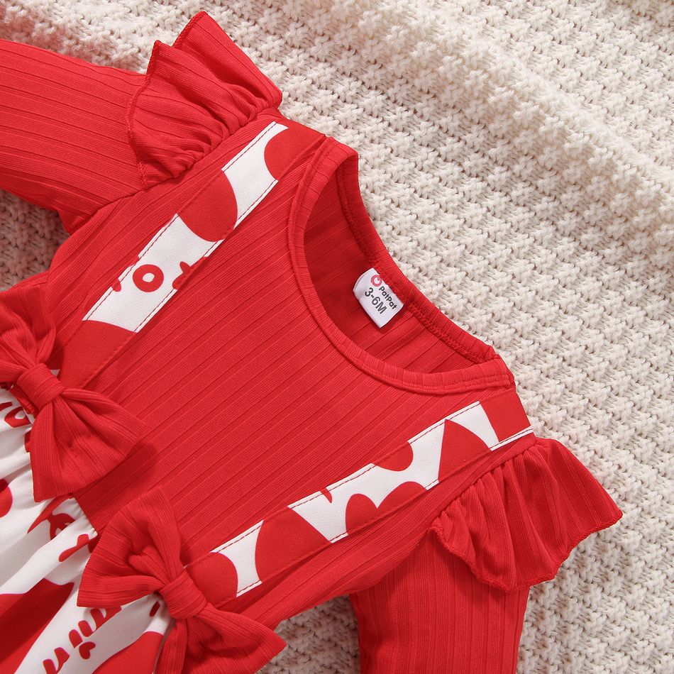 Valentine's Day 2pcs Baby Girl Red Ribbed Ruffle Long-sleeve Spliced Heart & Letter Print Dress with Headband Set Red big image 4