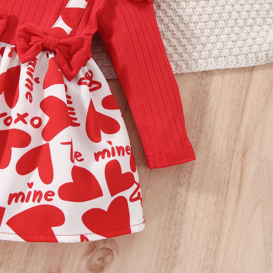 Valentine's Day 2pcs Baby Girl Red Ribbed Ruffle Long-sleeve Spliced Heart & Letter Print Dress with Headband Set Red big image 6
