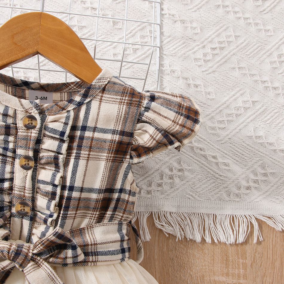2pcs Baby Girl 100% Cotton Plaid Flutter-sleeve Belted Mesh Dress & Headband Set Apricot big image 3