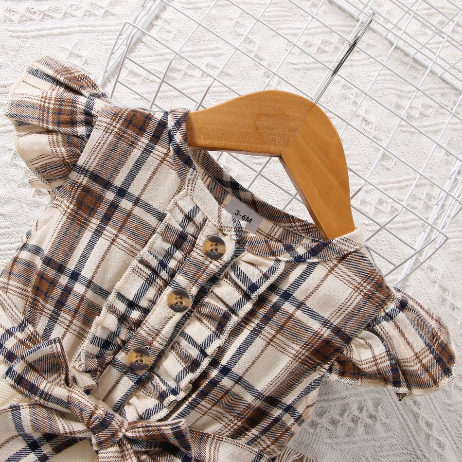 2pcs Baby Girl 100% Cotton Plaid Flutter-sleeve Belted Mesh Dress & Headband Set Apricot big image 4