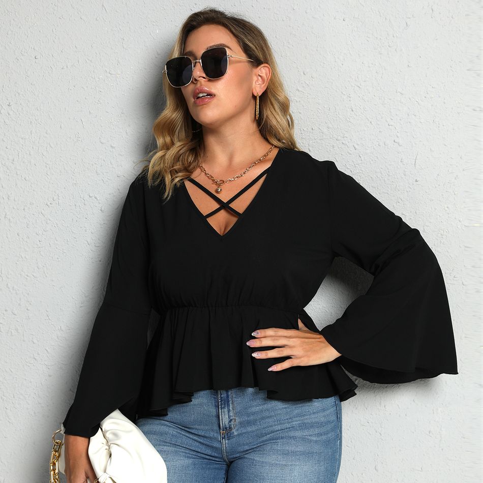 Women Plus Size Casual Crisscross V Neck Peplum Bell sleeves Blouse Black